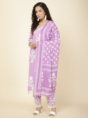 Floral Printed Cotton Kurta With Pants & Dupatta