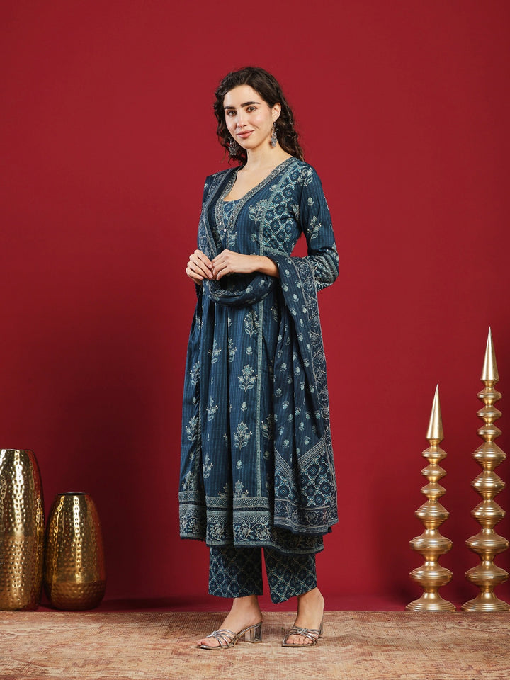 Blue Cotton Blend Printed Straight Suit Set