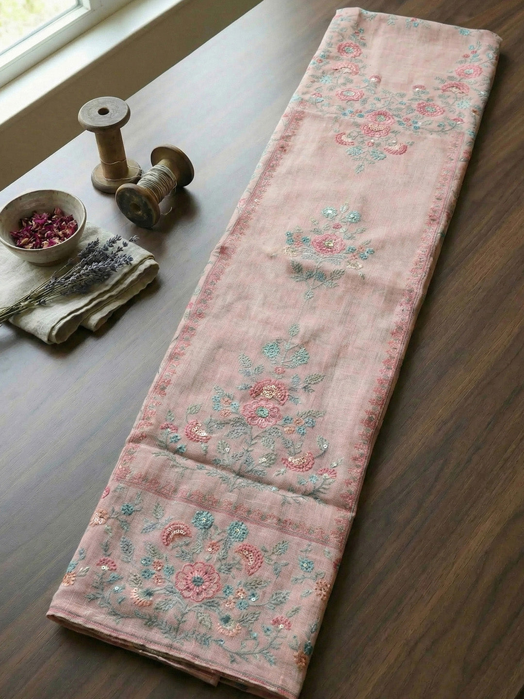 Printed Linen Blend Unstitched Suit With Pant &amp; Dupatta