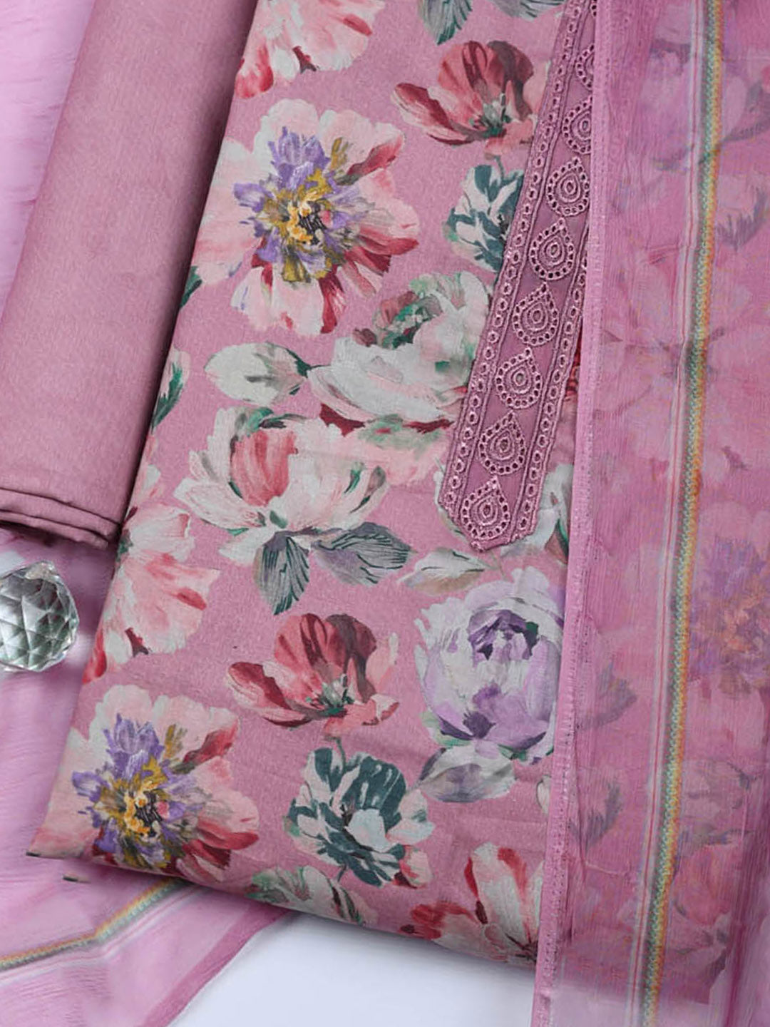 Embroidered Cotton Blend Unstitched Suit With Pant &amp; Dupatta