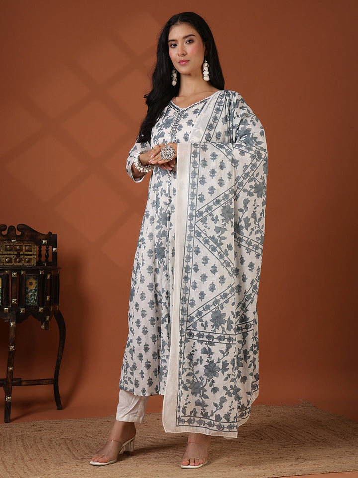 Printed Cotton Blend Kurta With Pant &amp; Dupatta