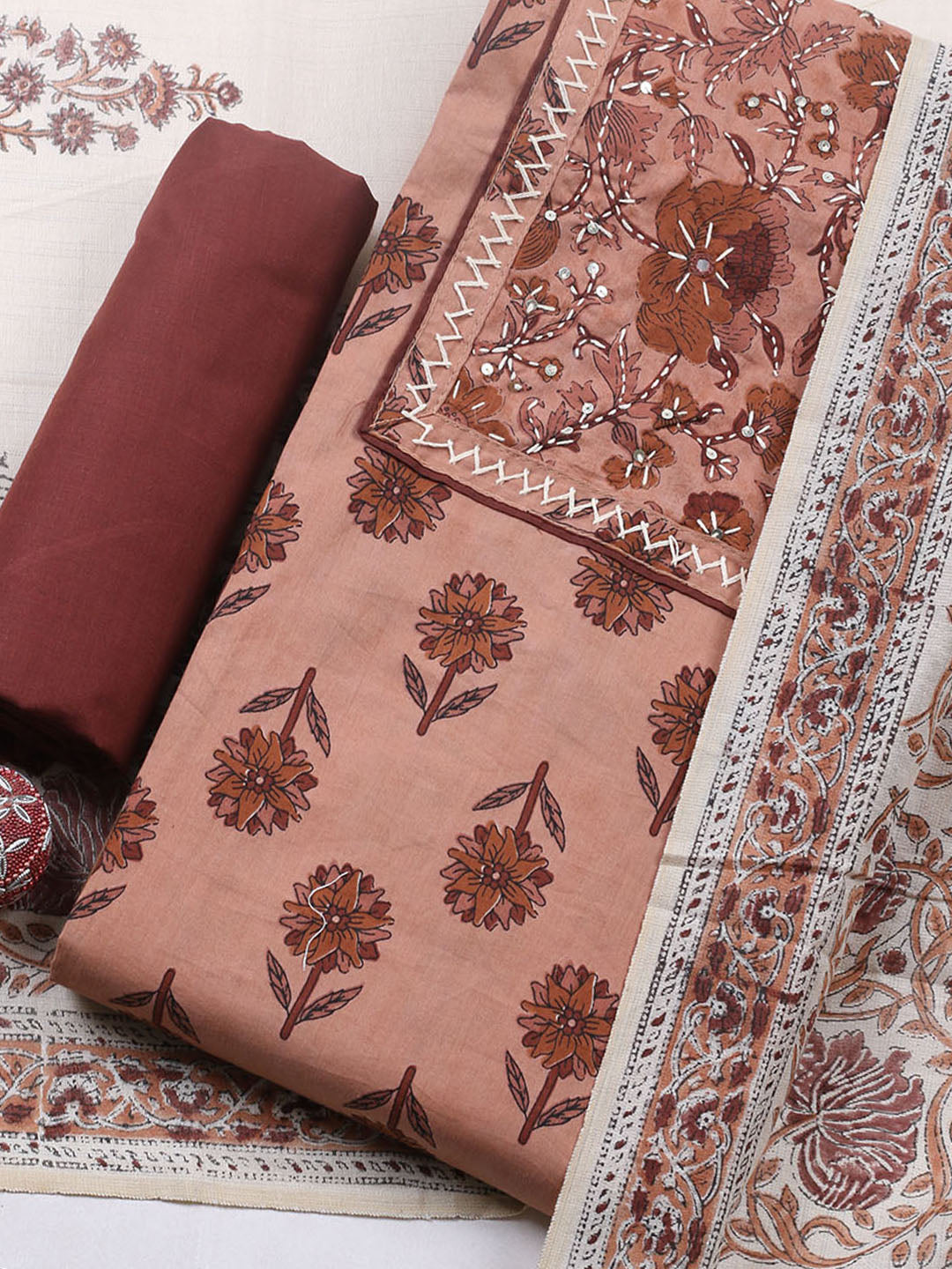 Printed Cotton Blend Unstitched Suit With Pant &amp; Dupatta