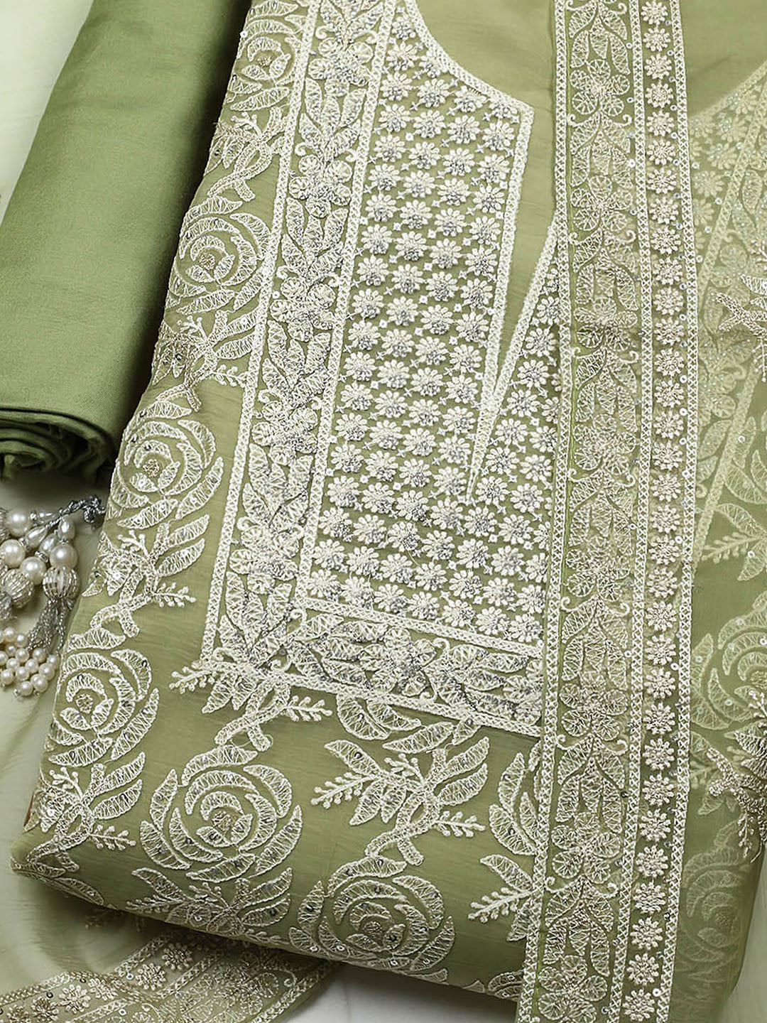 Embroidered Organza Unstitched Suit With Pant &amp; Dupatta