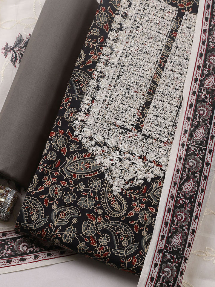 Printed Cotton Blend Unstitched Suit With Pant &amp; Dupatta