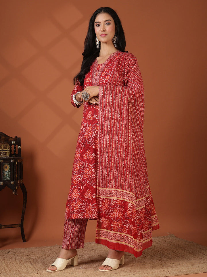 Printed Cotton Blend Kurta With Pant &amp; Dupatta