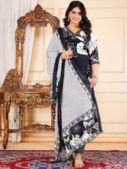 Floral Printed Cotton Blend Kurta With Pants & Dupatta