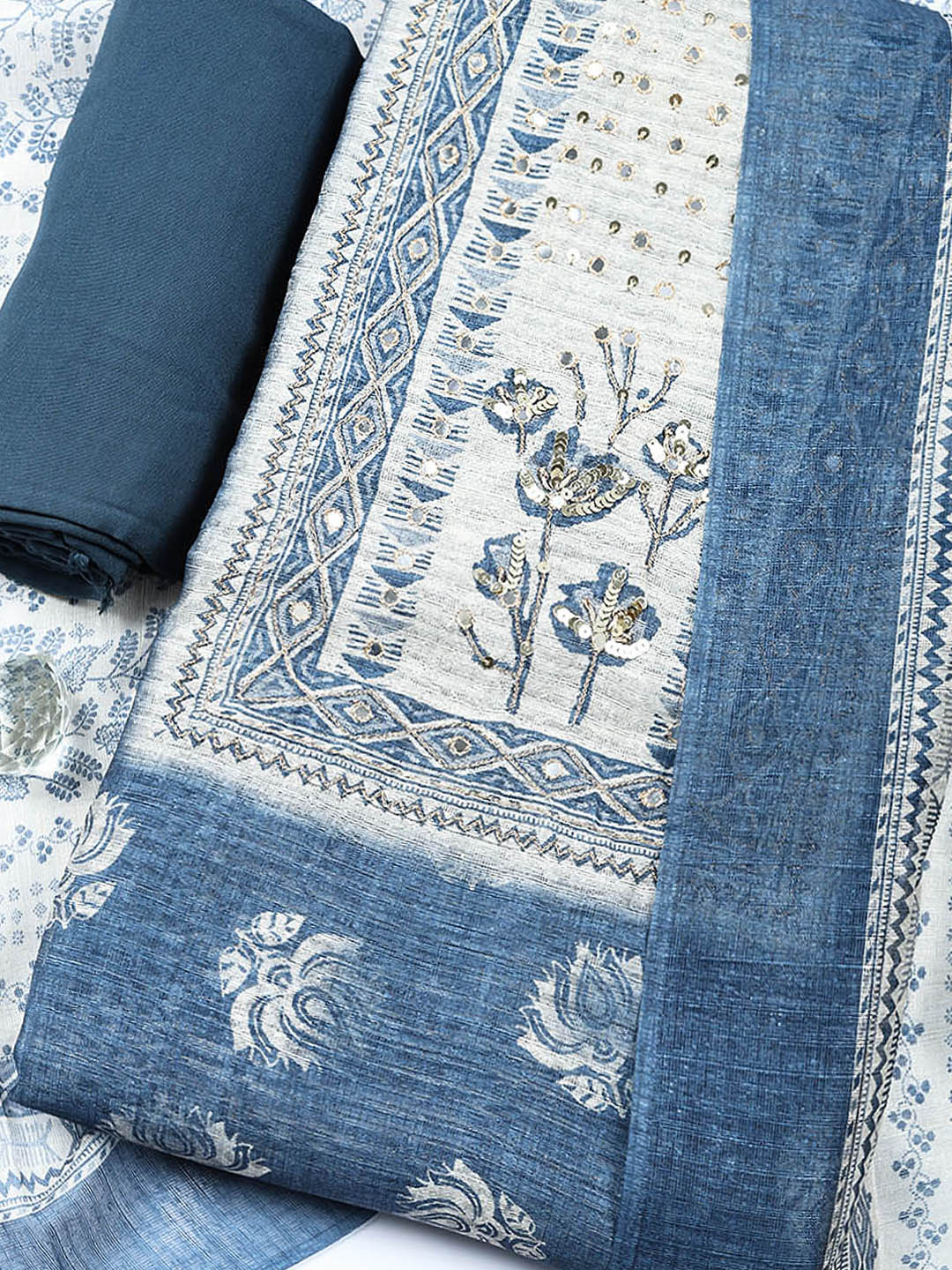Embroidered Cotton Blend Unstitched Suit With Pant &amp; Dupatta