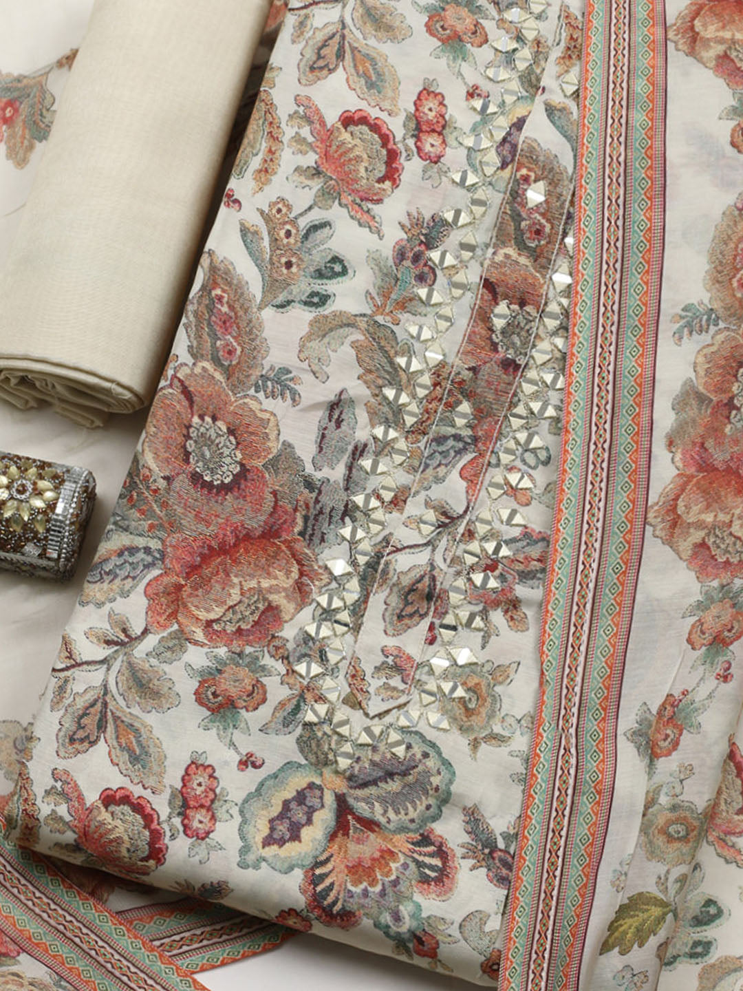 Embellished Muslin Unstitched Suit With Pant &amp; Dupatta