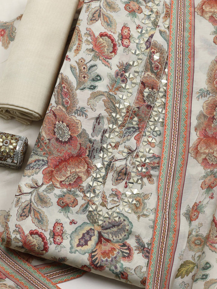 Embellished Muslin Unstitched Suit With Pant &amp; Dupatta
