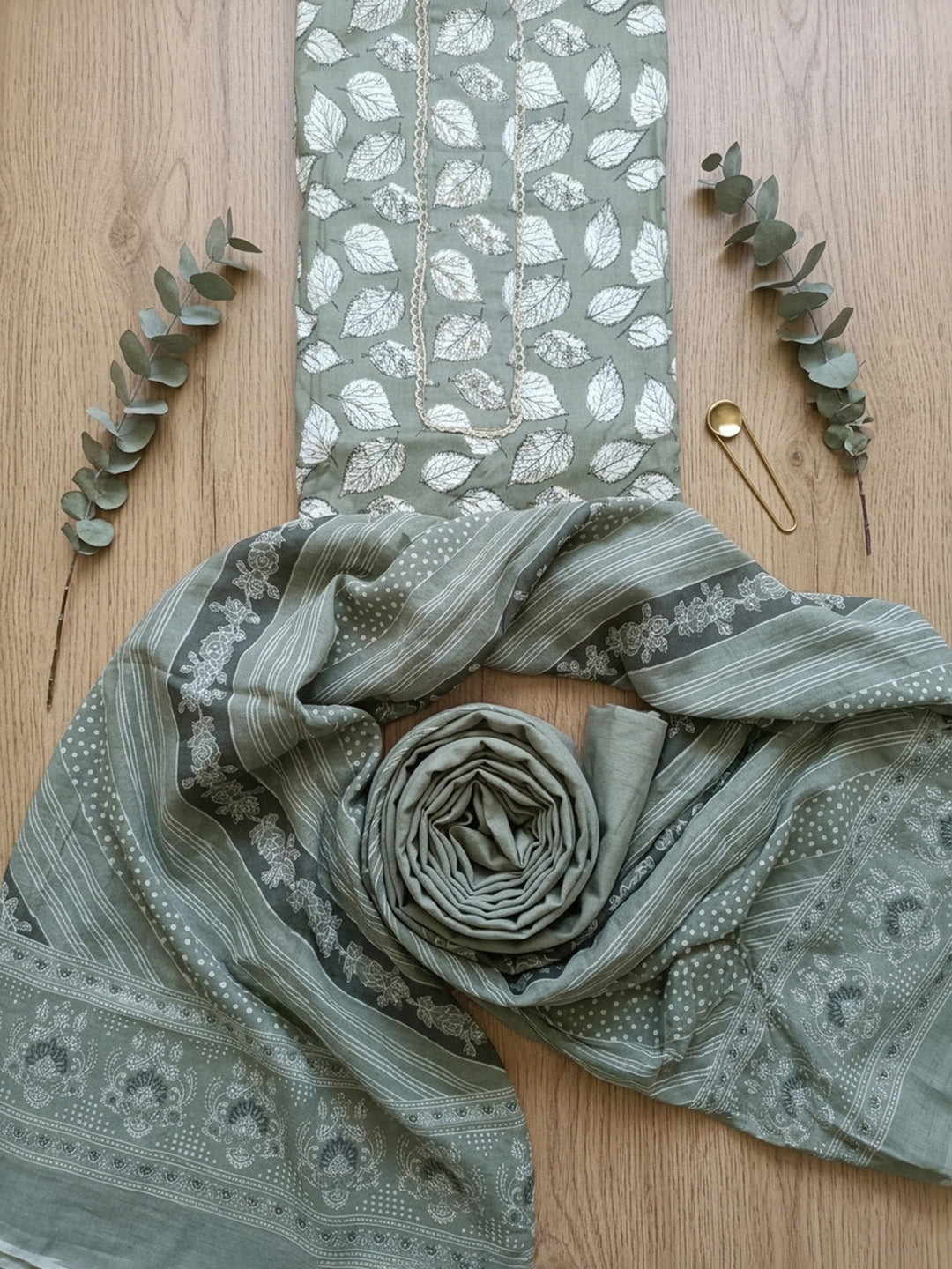 Printed Cotton Blend Unstitched Suit With Pant &amp; Dupatta