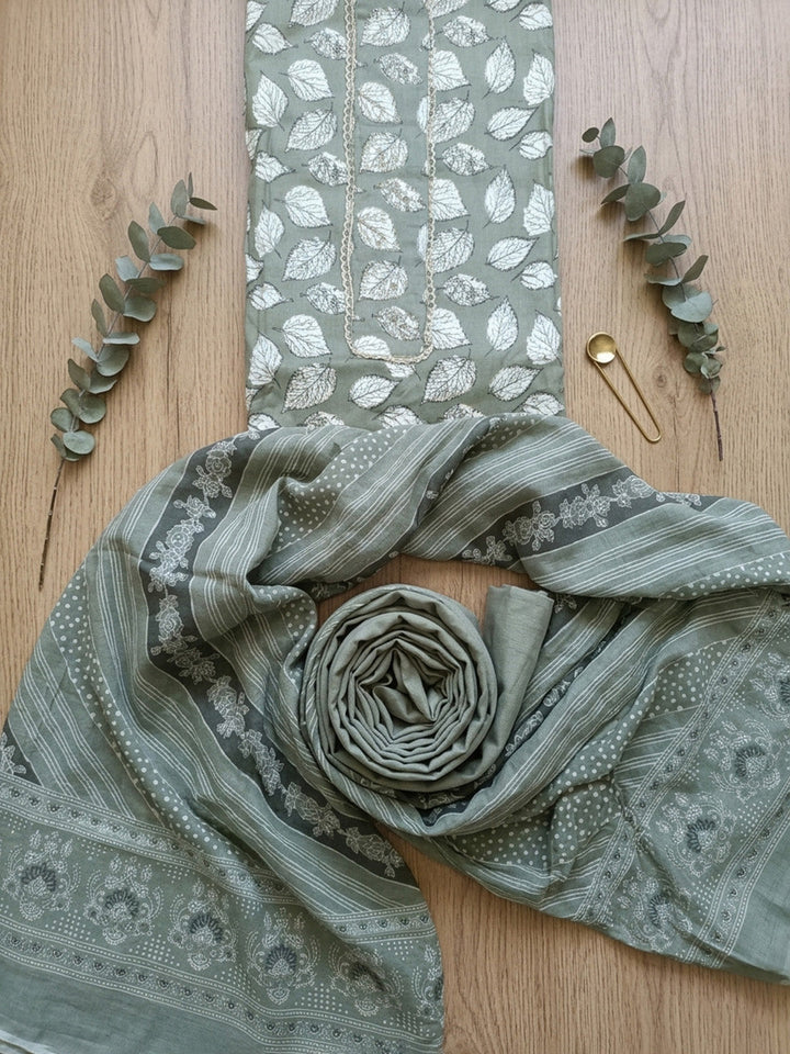 Printed Cotton Blend Unstitched Suit With Pant &amp; Dupatta