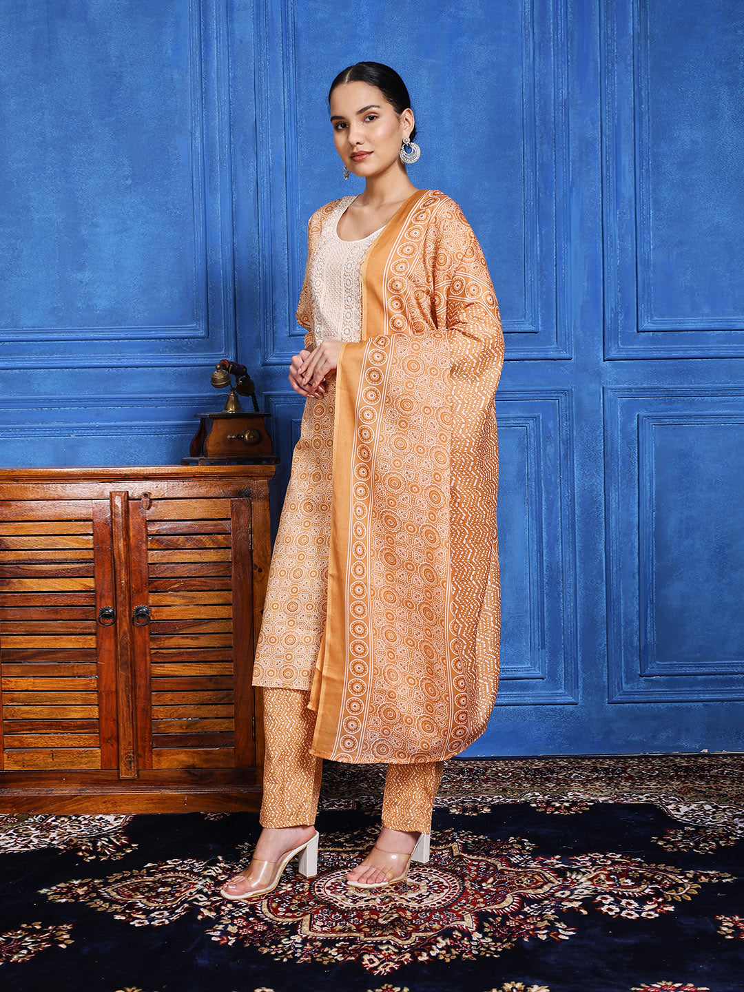 Floral Printed Cotton Kurta With Pants & Dupatta