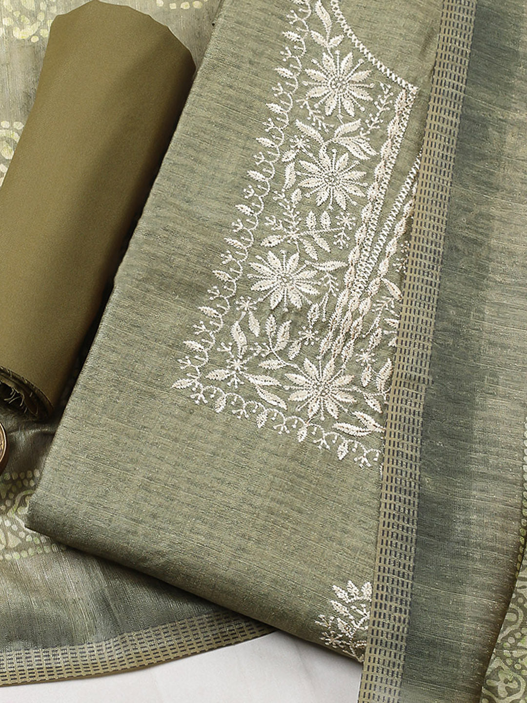 Embroidered Chanderi Unstitched Suit With Pant &amp; Dupatta