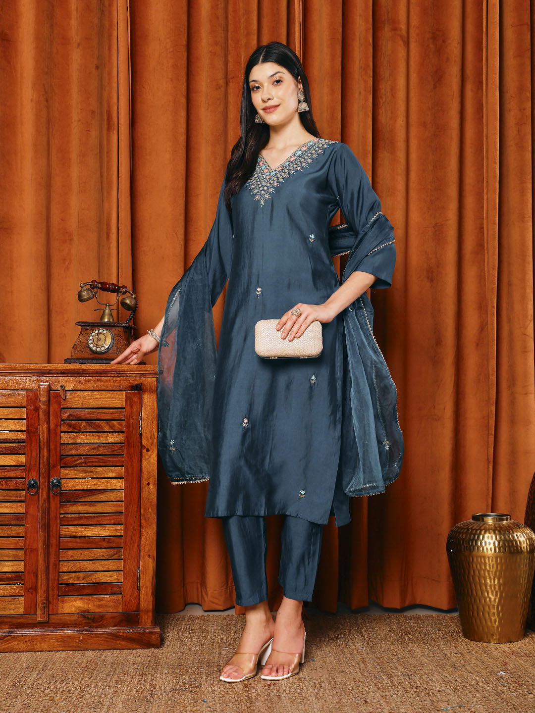 Embroidered Cotton Blend Kurta With Pants &amp; Dupatta