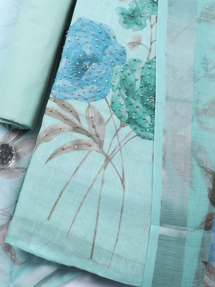 Embroidered Linen Blend Unstitched Suit With Pant &amp; Dupatta