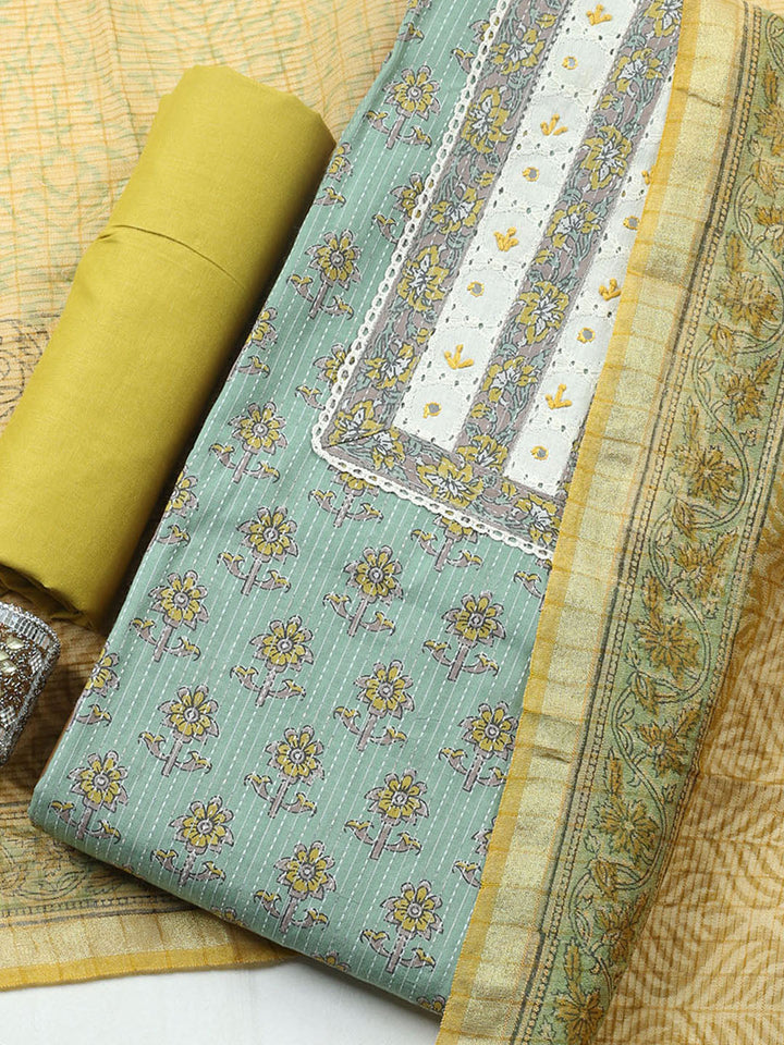 Printed Cotton Blend Unstitched Suit With Pant &amp; Dupatta