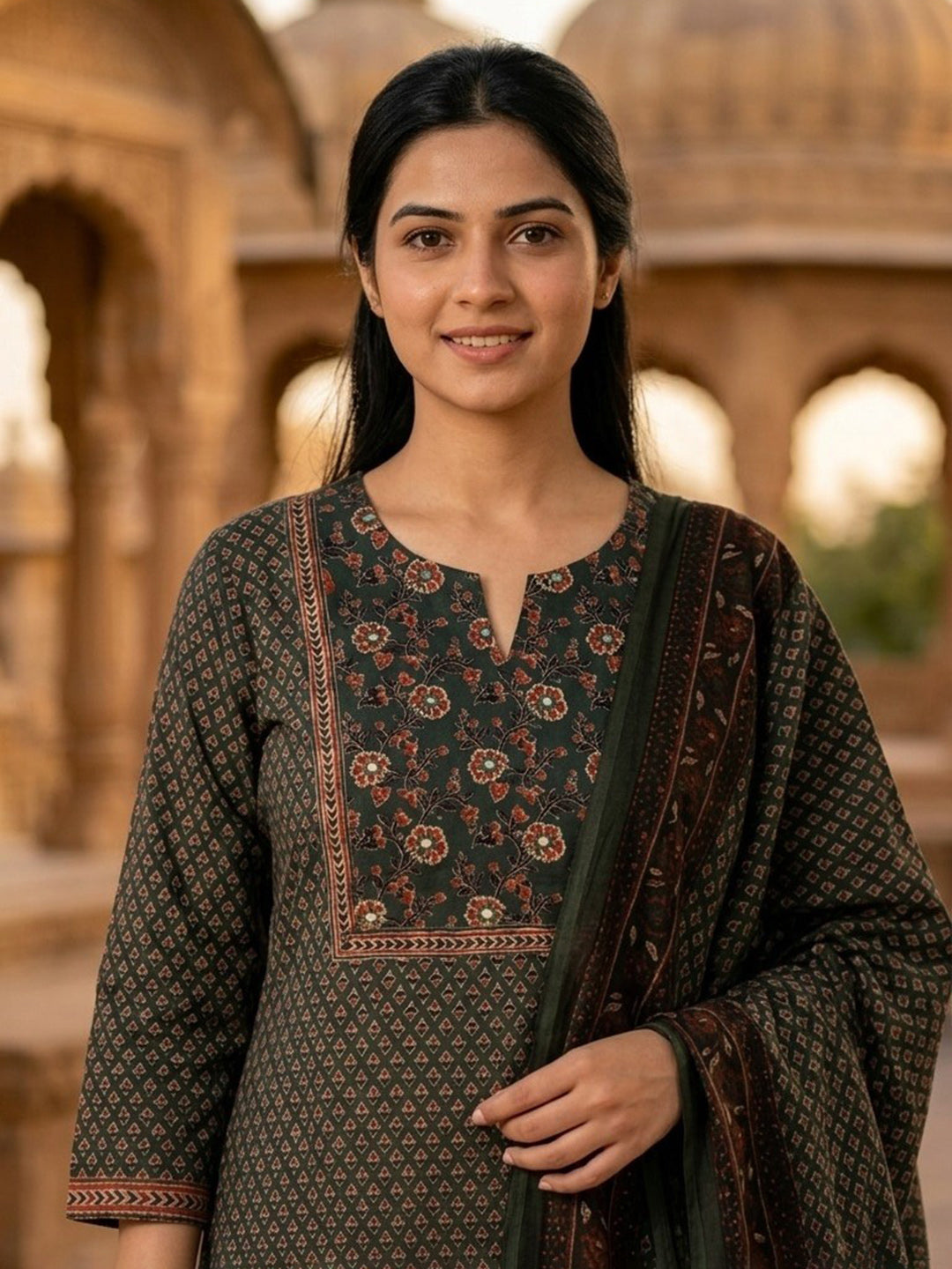 Green Embroidered Cotton Blend Straight Suit Set With Dupatta