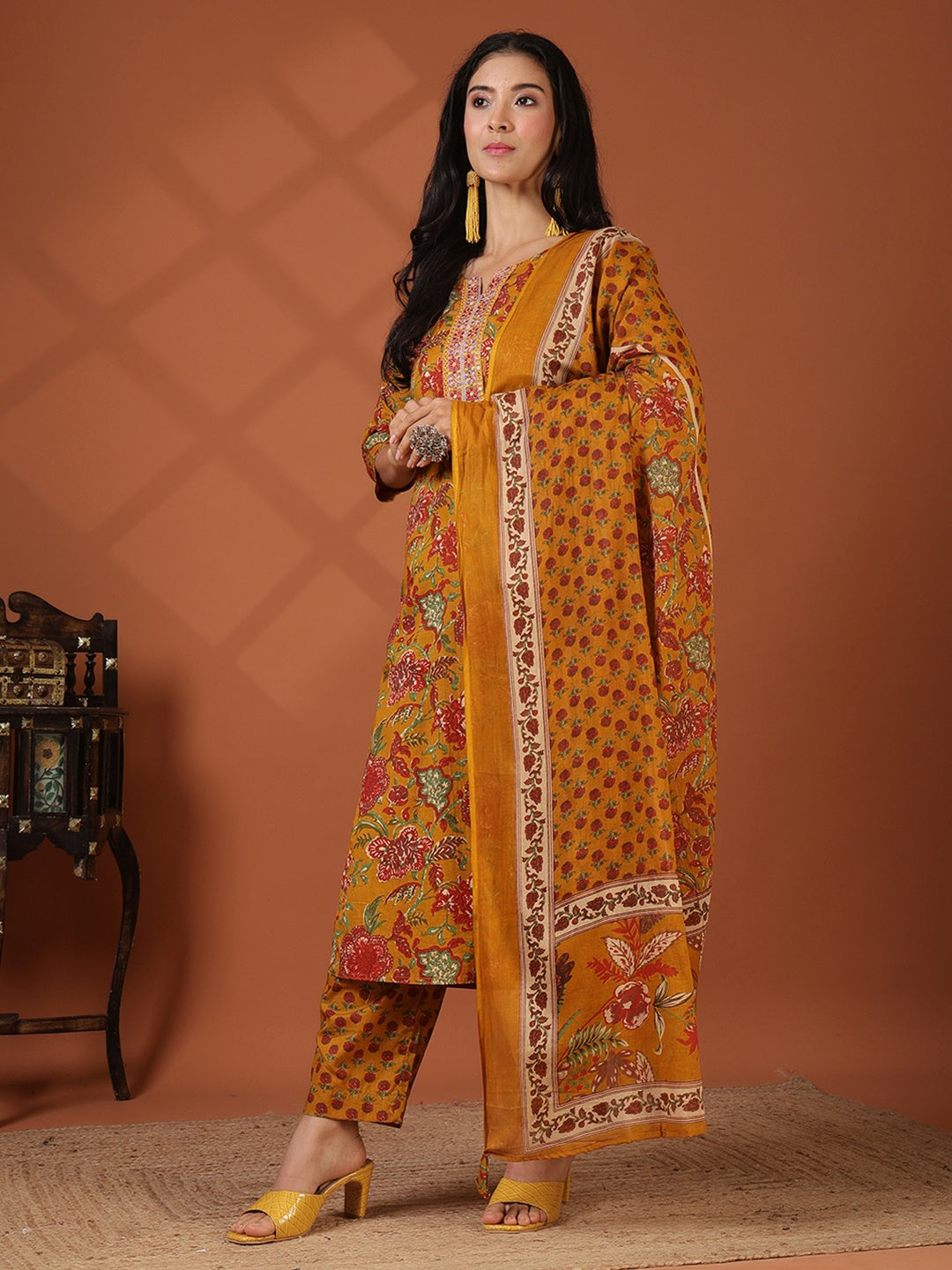 Printed Cotton Blend Kurta With Pant &amp; Dupatta