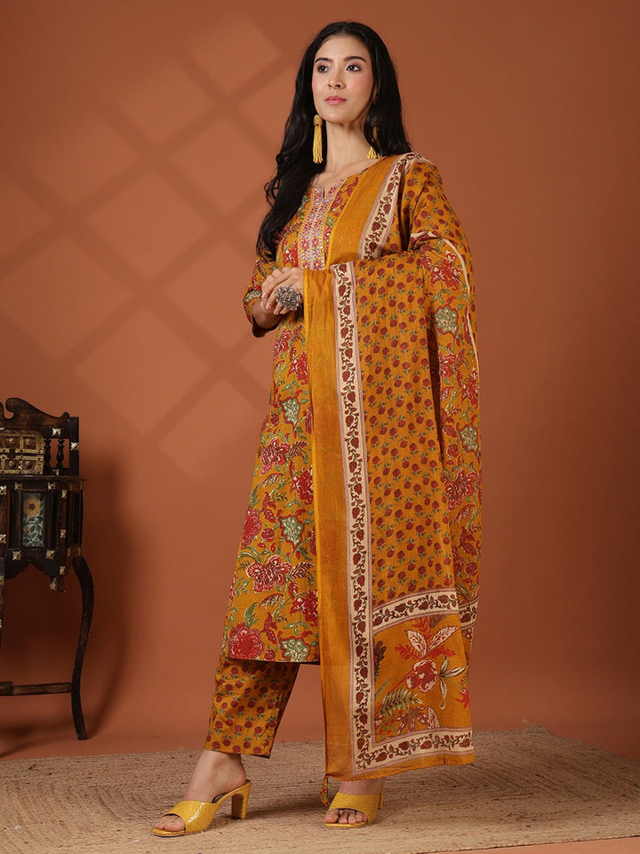 Printed Cotton Blend Kurta With Pant &amp; Dupatta