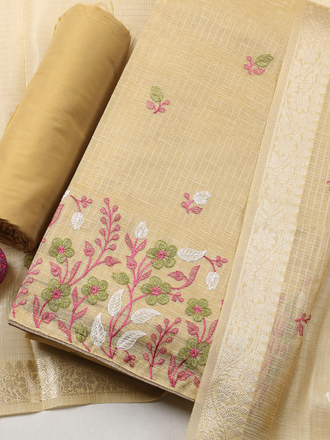 Embroidered Tissue Unstitched Suit With Pant &amp; Dupatta