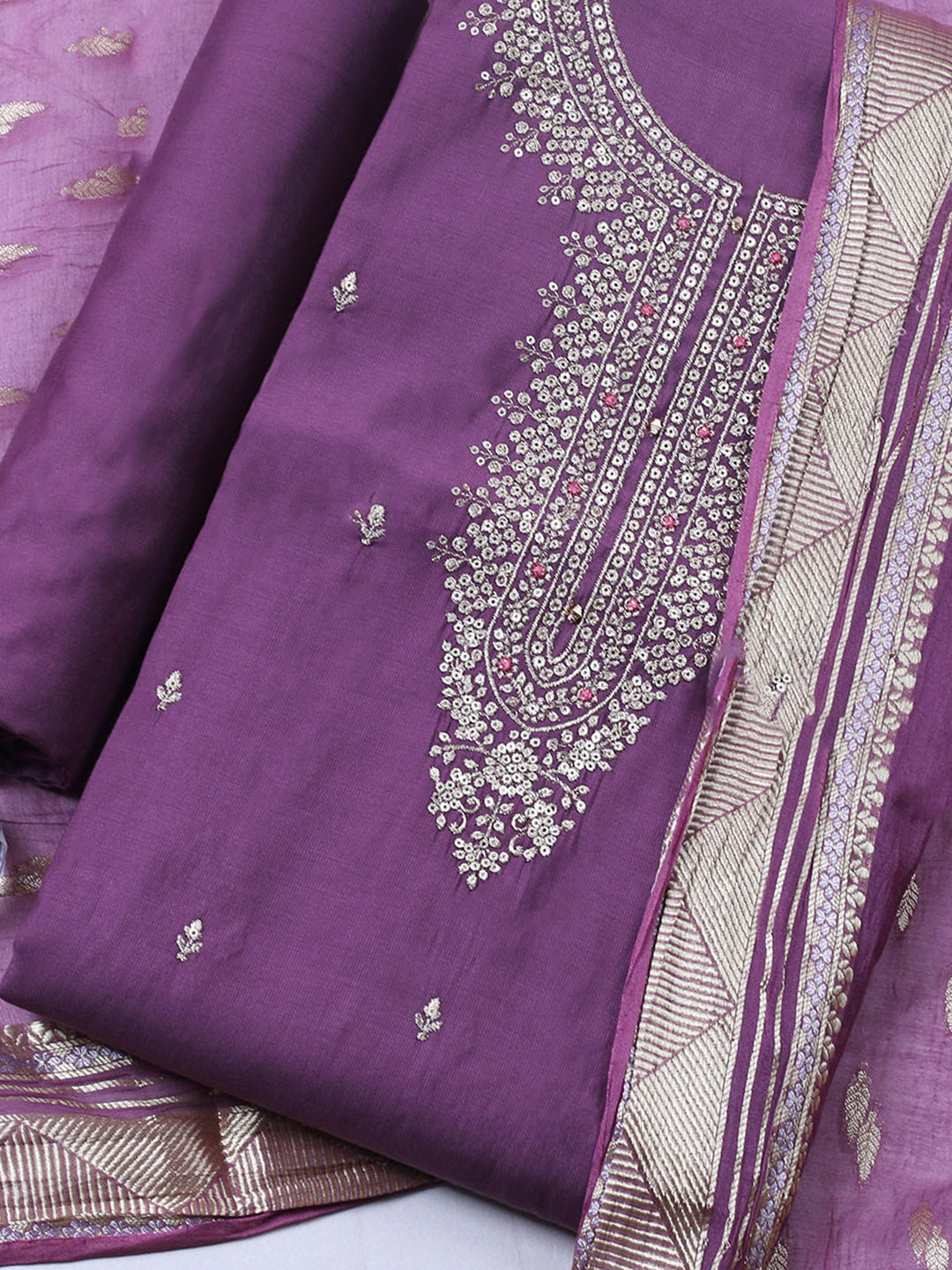 Embroidered Chanderi Unstitched Suit With Pant &amp; Dupatta