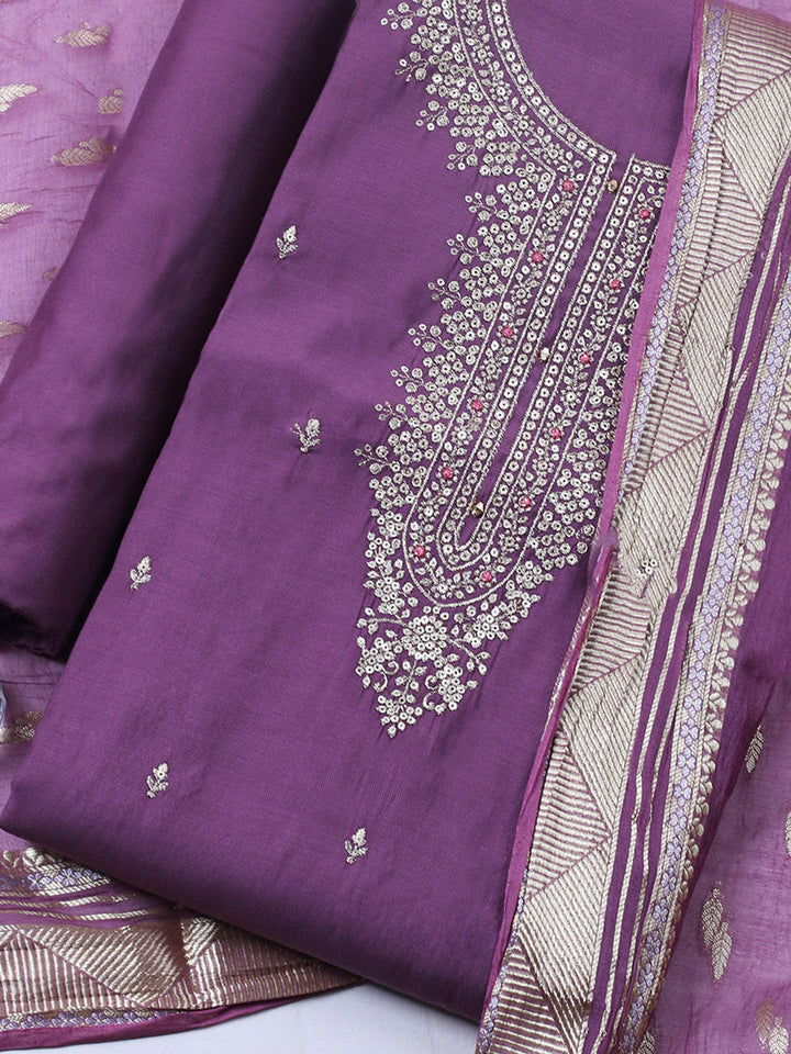 Embroidered Chanderi Unstitched Suit With Pant &amp; Dupatta