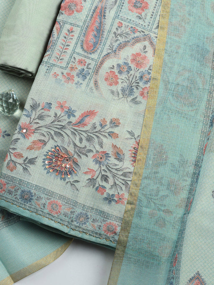 Printed Linen Blend Unstitched Suit With Pant &amp; Dupatta