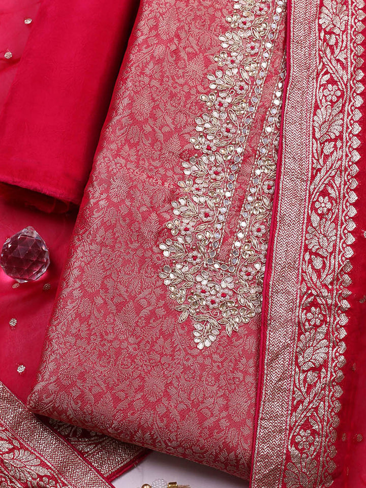 Embroidered Chanderi Unstitched Suit With Pant &amp; Dupatta