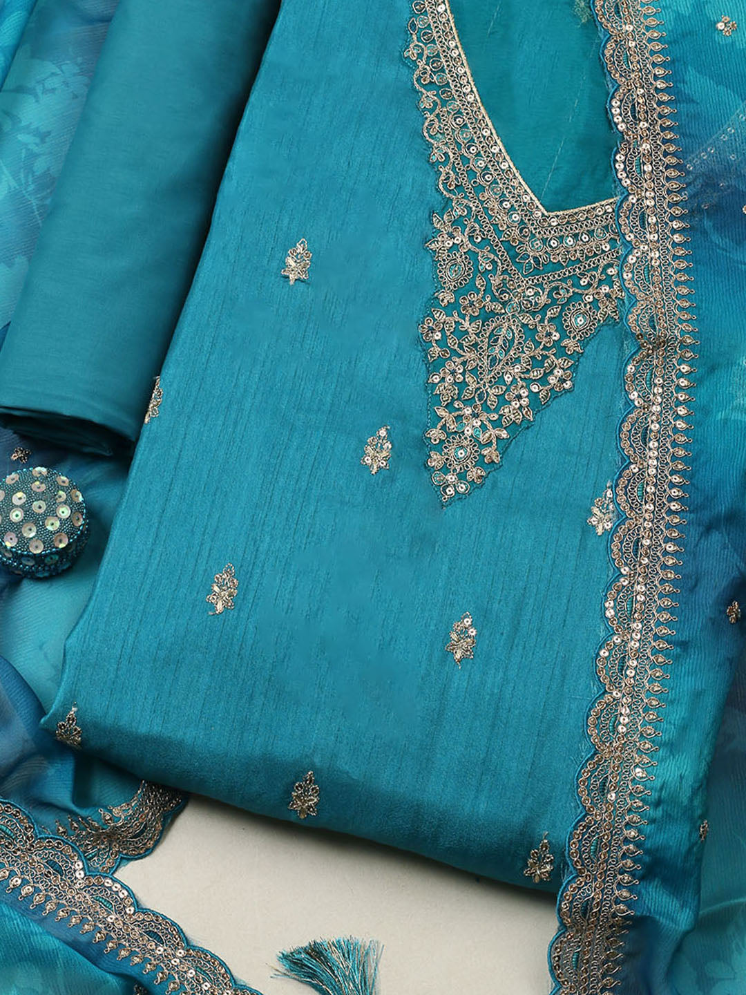 Embroidered Art Silk Unstitched Suit With Pant &amp; Dupatta