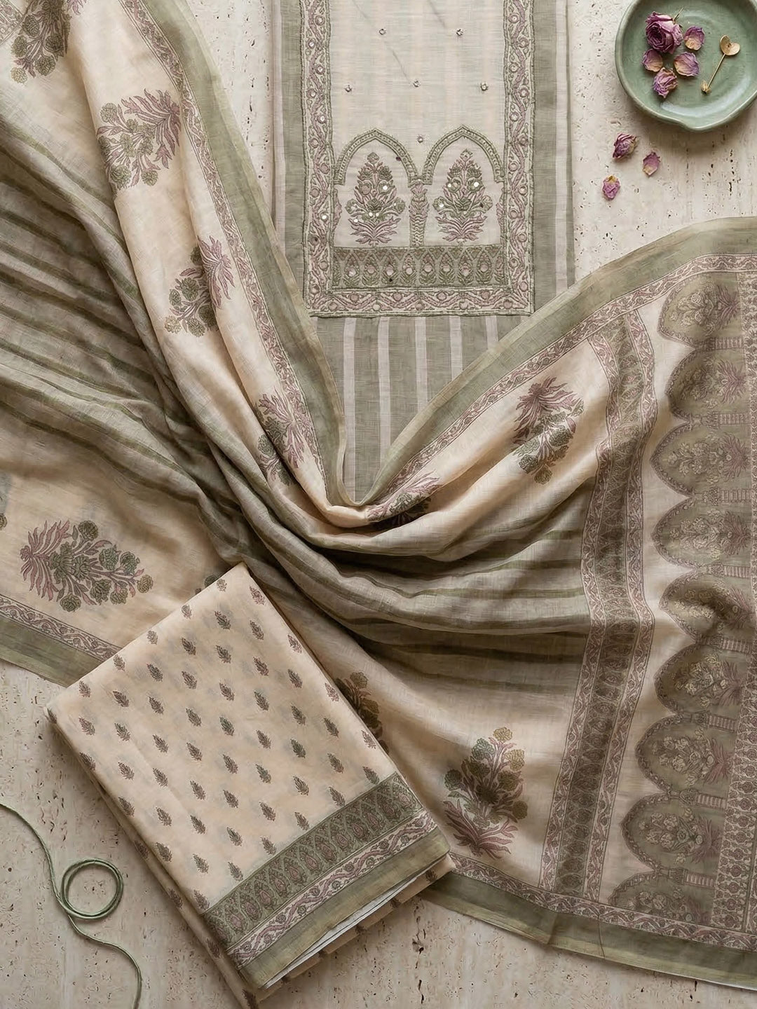Printed Cotton Blend Unstitched Suit With Pant &amp; Dupatta