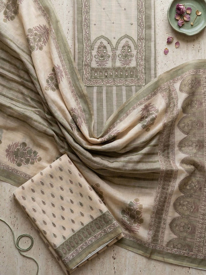 Printed Cotton Blend Unstitched Suit With Pant &amp; Dupatta