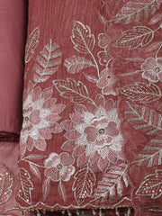 Embroidered Tissue Brown Unstitched Suit With Pant & Dupatta