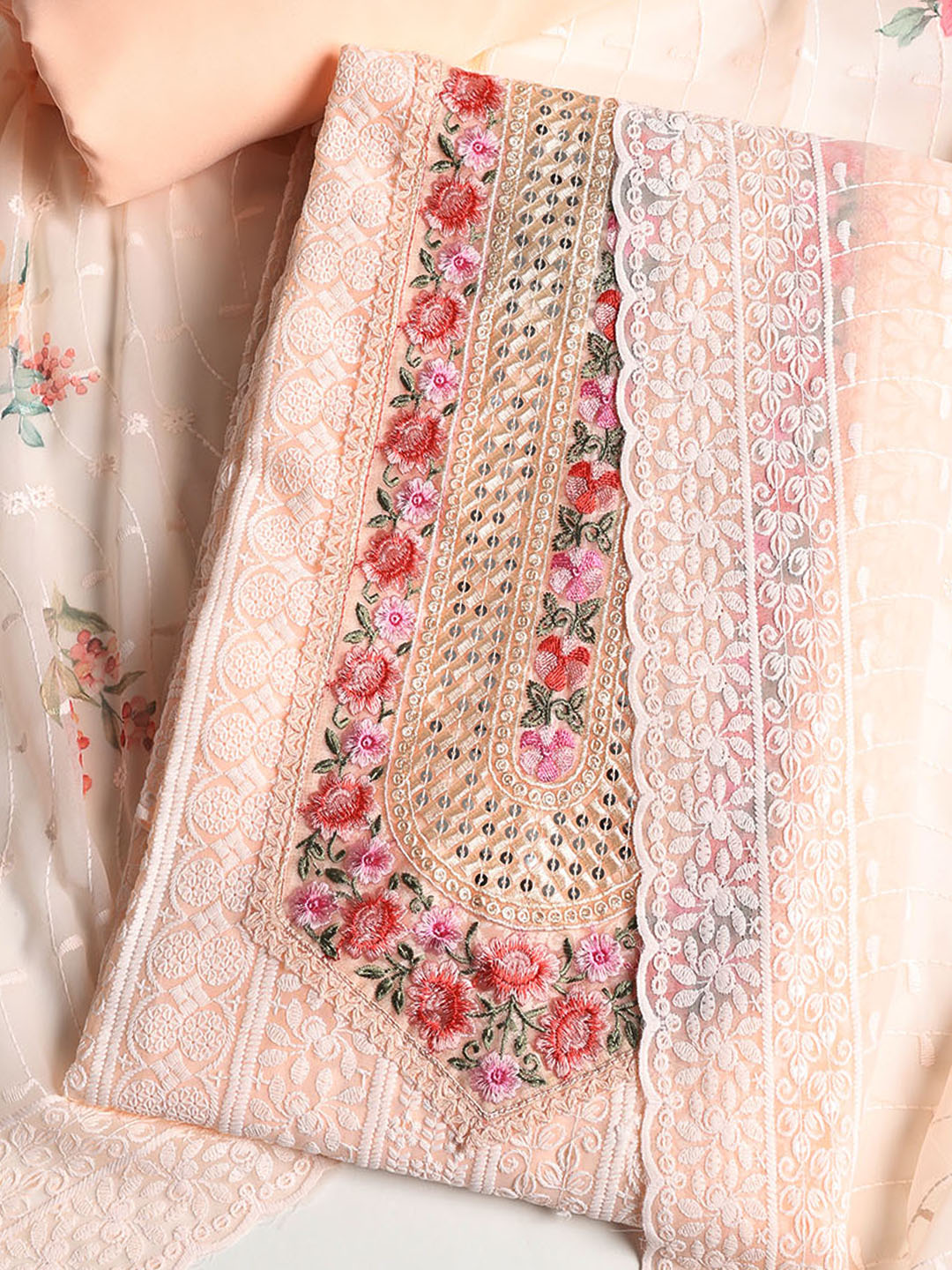 Chikan Work Georgette Unstitched Suit With Dupatta