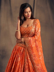 Embroidered Organza Lehenga With Choli & Dupatta