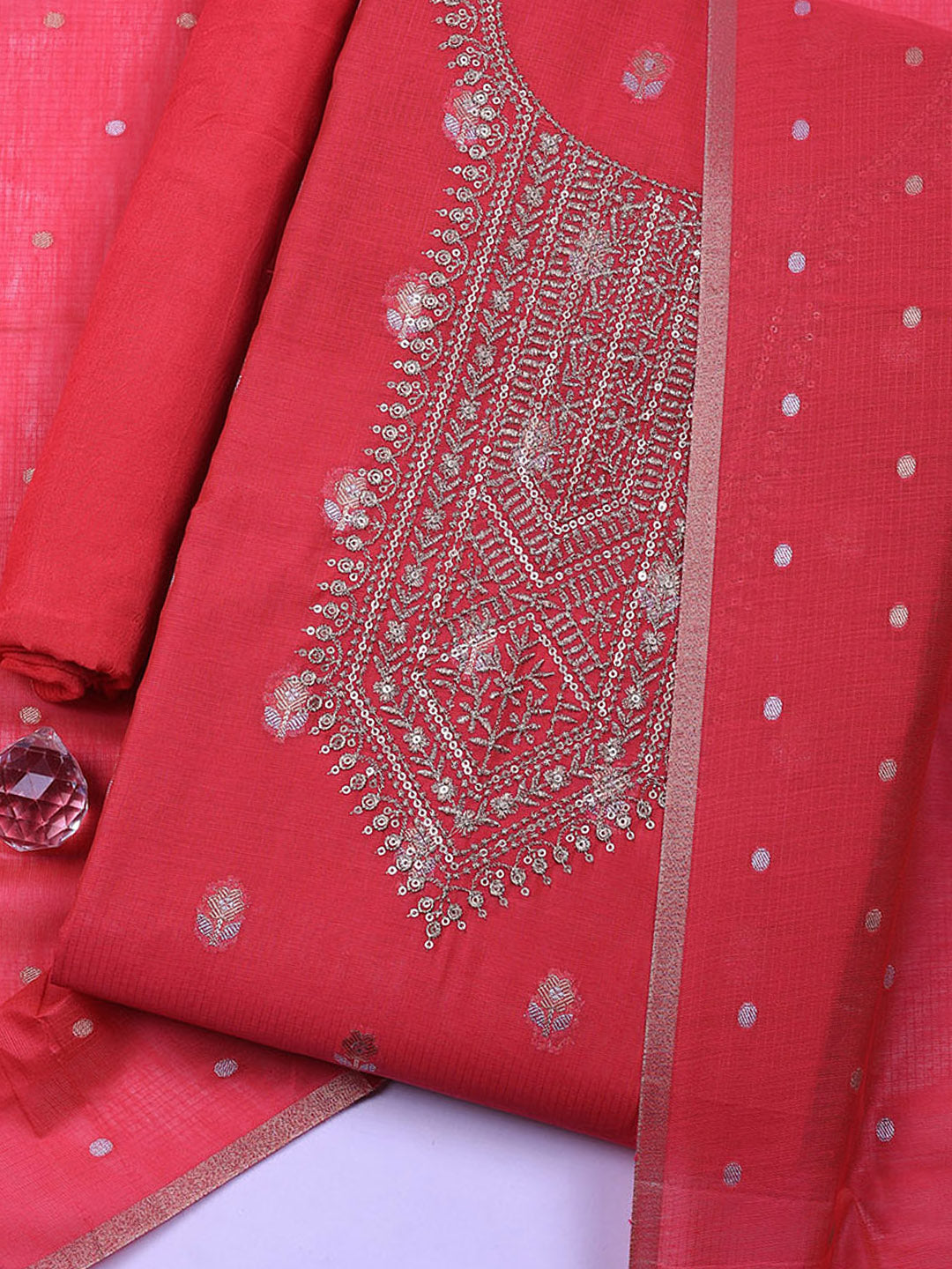 Embroidered Chanderi Unstitched Suit With Pant &amp; Dupatta
