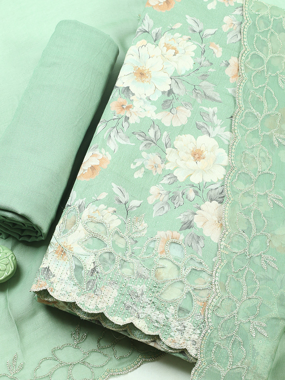 Embroidered, Cotton Blend Unstitched Suit With Pant &amp; Dupatta