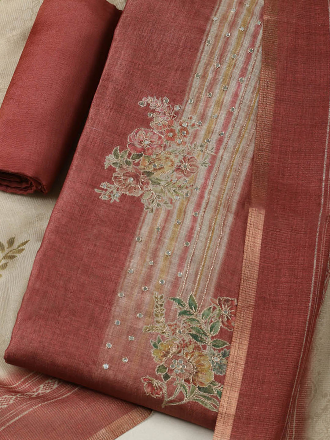 Embroidered Tissue Unstitched Suit With Pant &amp; Dupatta