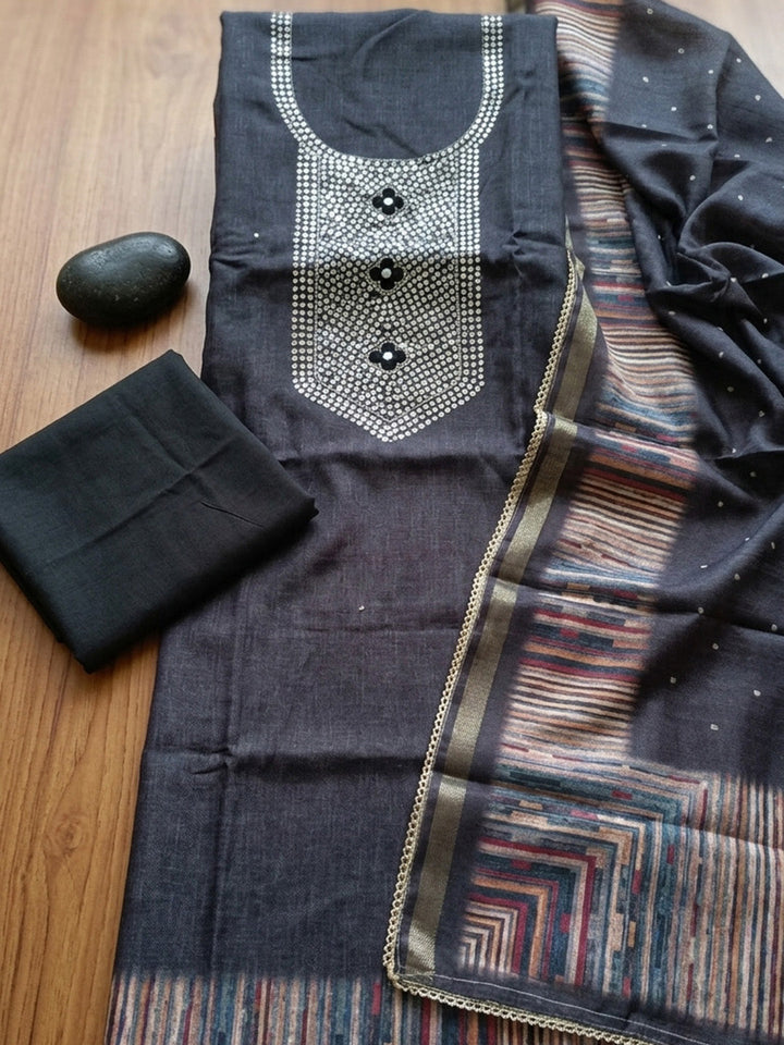 Embroidered Chanderi Unstitched Suit With Pant &amp; Dupatta
