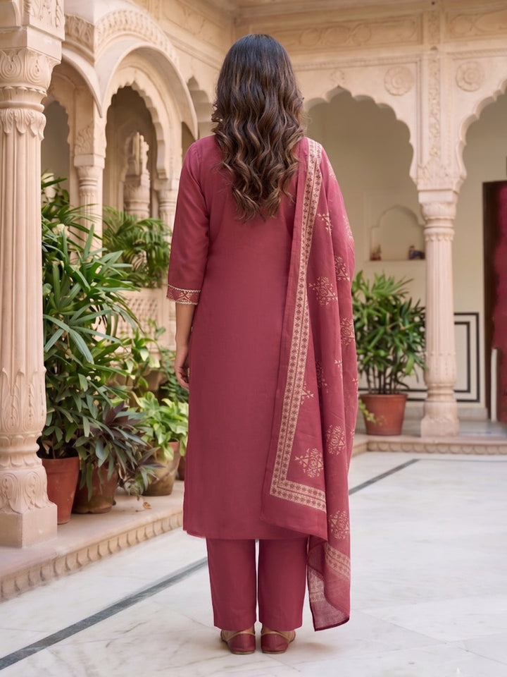 Neck Embroidered Cotton Blend Kurta With Pant &amp; Dupatta