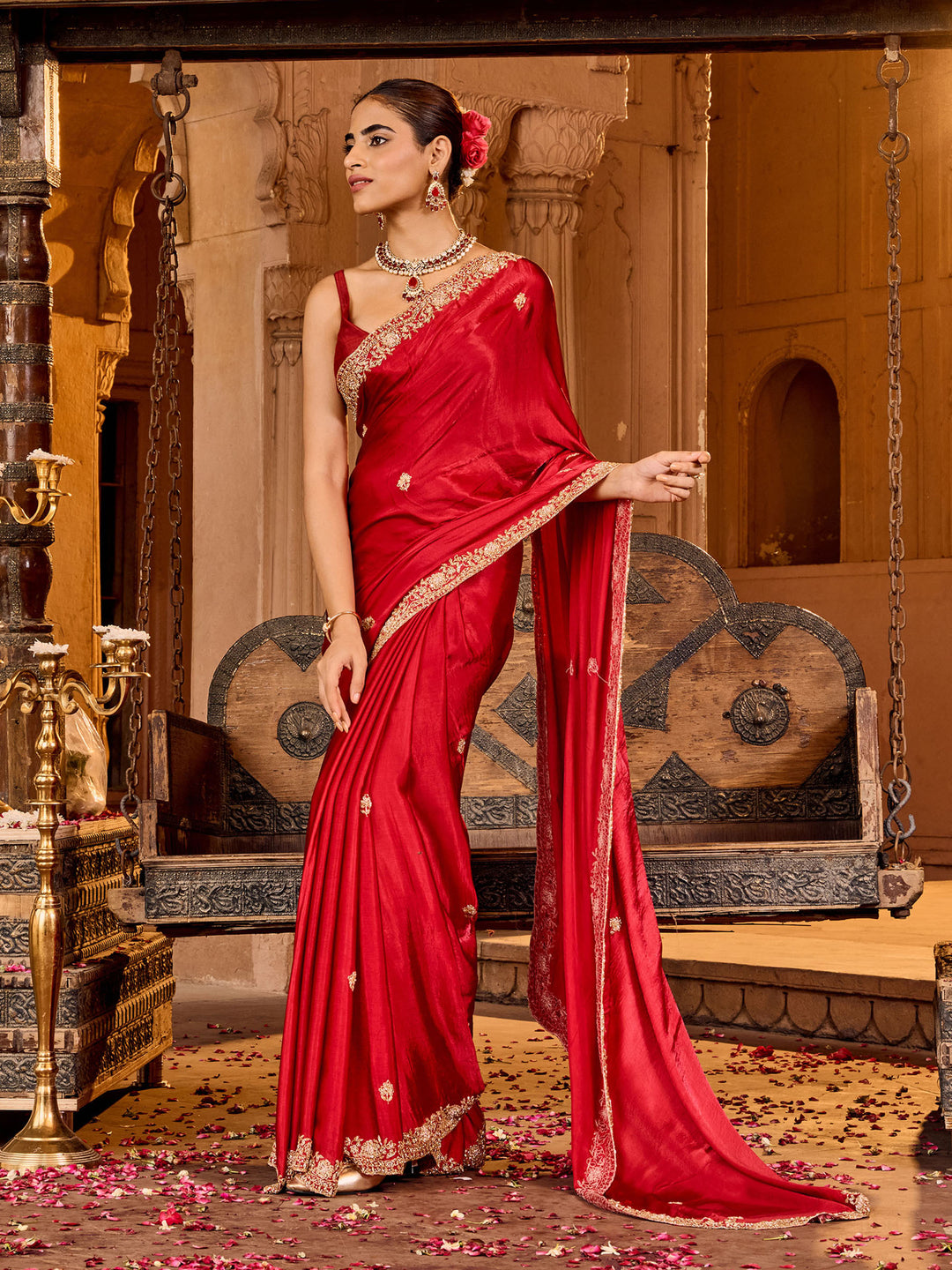 Hot Pink Chinon Embroidered Saree