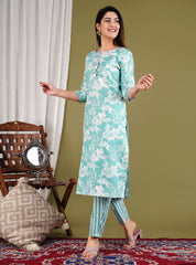 Printed Cotton Blend Kurta With Pants