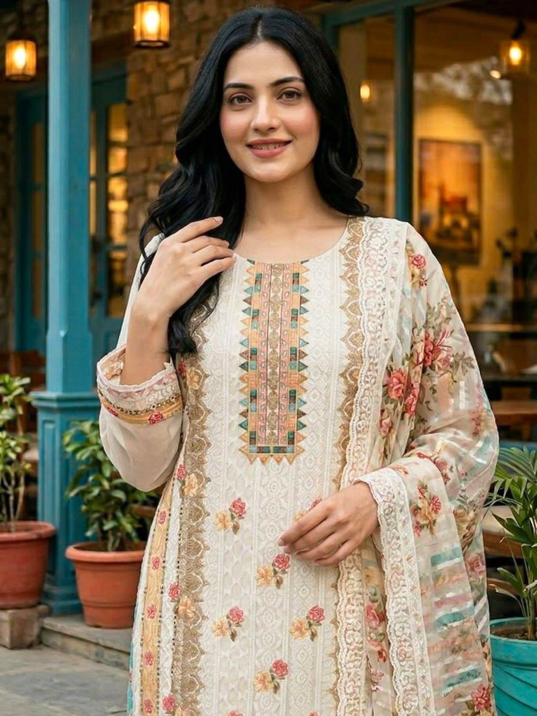 Cream Embroidered Cotton Blend Straight Suit Set With Dupatta