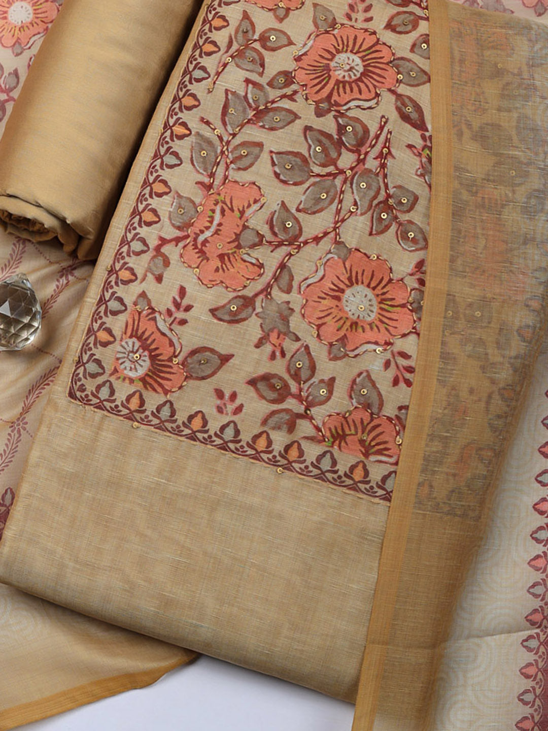 Embroidered Chanderi Unstitched Suit With Pant &amp; Dupatta