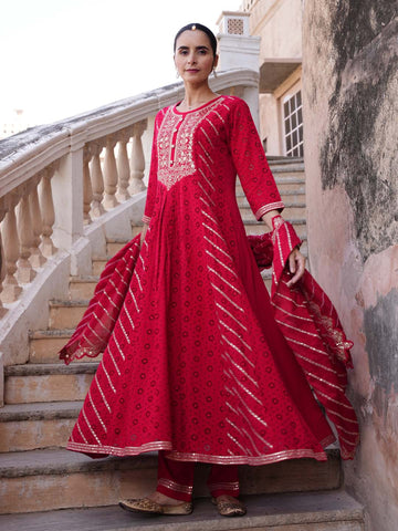 Neck Embroidered Cotton Kurta With Pants & Dupatta