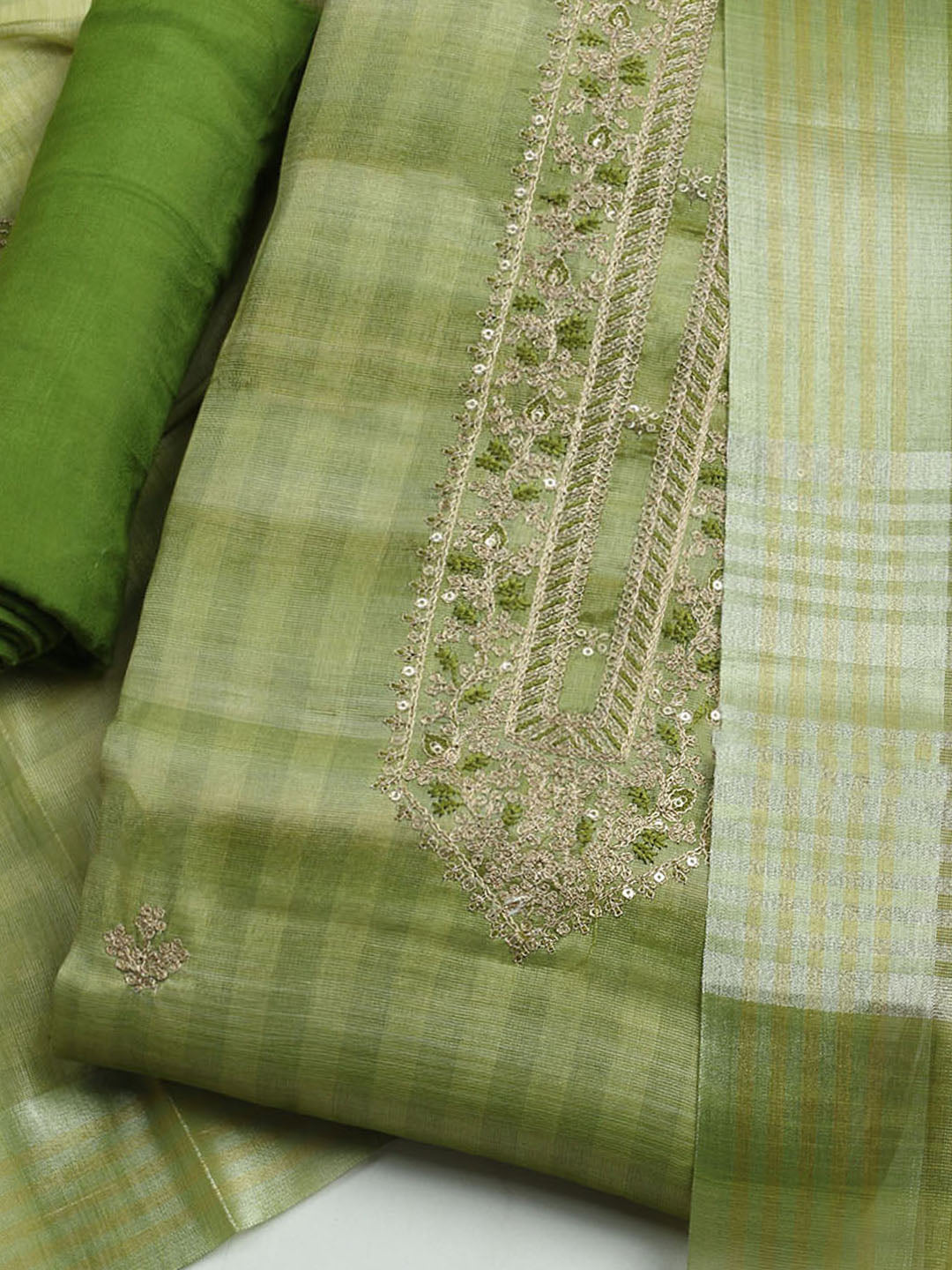 Embroidered Tissue Unstitched Kurta With Pant & Dupatta