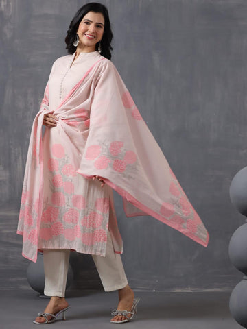 Printed Cotton Kurta With Pants & Dupatta