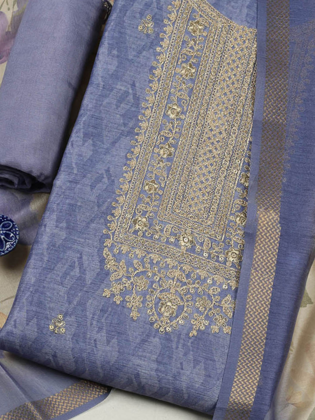 Embroidered Chanderi Unstitched Suit With Pant &amp; Dupatta