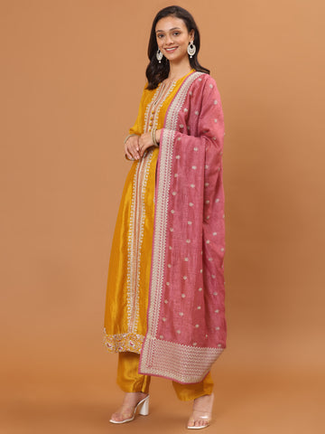 Resham & Zari Embroidery Dupion Kurta With Pants & Dupatta