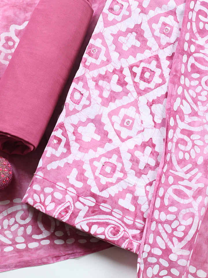 Printed Cotton Blend Unstitched Suit With Pant &amp; Dupatta