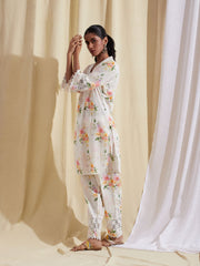 Floral Schiffli Work Cotton Kurti With Pants